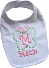 Load image into Gallery viewer, Baby Girl&#39;s Butterfly Bib Embroidered with Custom Name and Initial
