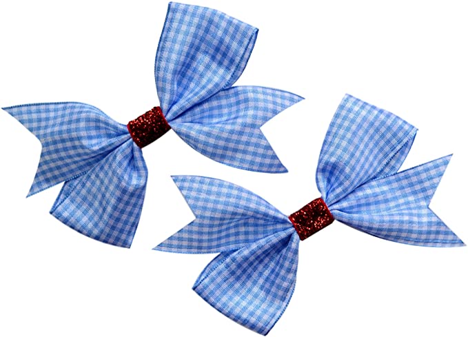 Dorothy Costume Hair Bow Set (2) Gingham Ribbon and Ruby Red Glitter Hair Bows