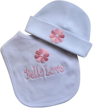 Load image into Gallery viewer, Personalized Baby Girl Daisy Bib with Matching Hat and Your Embroidered Text
