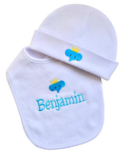 Load image into Gallery viewer, Personalized Elephant Baby Bib with Embroidered Name and Matching Cotton Hat
