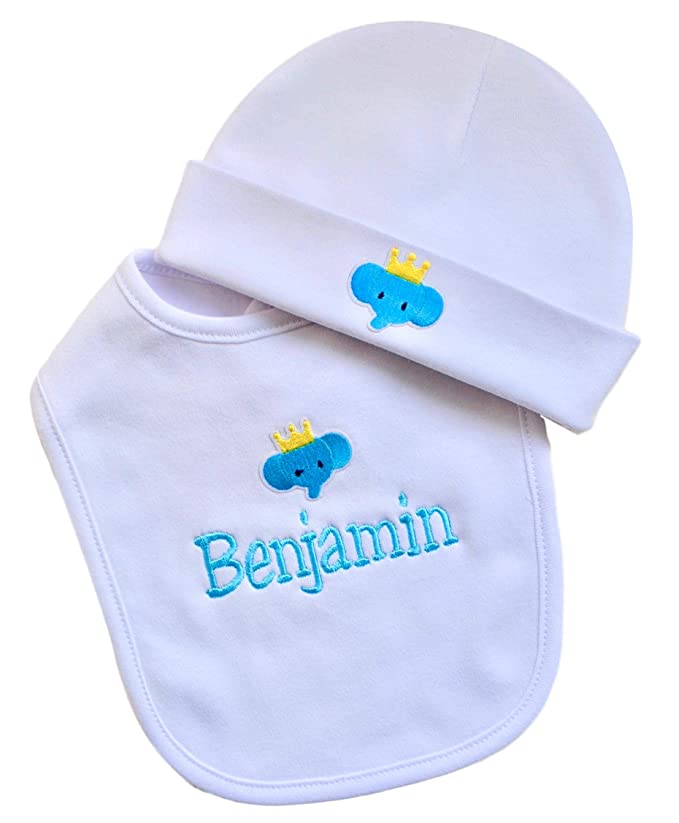 Personalized Elephant Baby Bib with Embroidered Name and Matching Cotton Hat