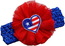 Load image into Gallery viewer, 4th of July Baby and Toddler Crochet Headband with Tulle Flower and Embroidered Heart
