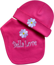 Load image into Gallery viewer, Personalized Baby Girl Daisy Bib with Matching Hat and Your Embroidered Text
