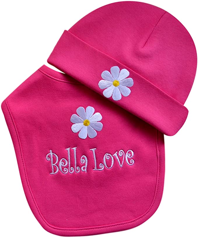 Personalized Baby Girl Daisy Bib with Matching Hat and Your Embroidered Text