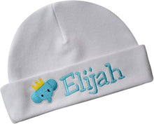 Load image into Gallery viewer, Personalized Embroidered Baby Boy Hat with Blue Elephant Applique
