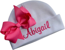 Load image into Gallery viewer, Embroidered Baby Girl Hat with Grosgrain Bow and Custom Name
