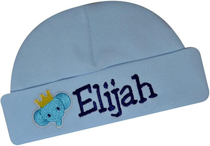 Personalized Embroidered Baby Boy Hat with Blue Elephant Applique
