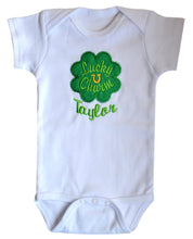 Load image into Gallery viewer, Personalized Embroidered Lucky Charm St. Patrick&#39;s Day Bodysuit with Your Custom Name
