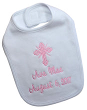 Load image into Gallery viewer, Christening Bib for Babies Personalized and Embroidered Name and Baptism Date - 5 COLORS!
