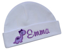 Load image into Gallery viewer, Personalized Embroidered Baby Girl Monogrammed Hat with Dinosaur
