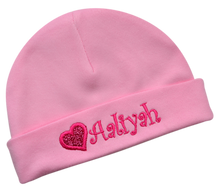 Load image into Gallery viewer, Personalized Embroidered Baby Girl Hat with Sparkling Glitter Heart

