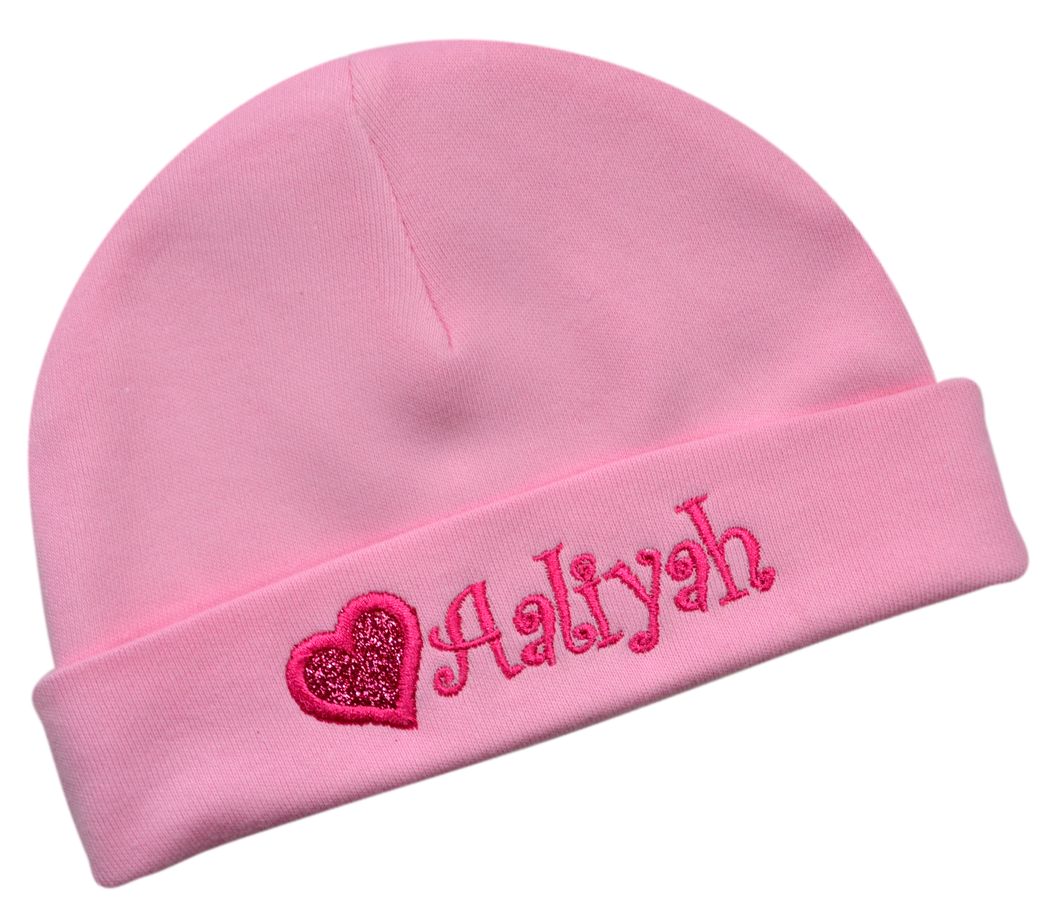 Personalized Embroidered Baby Girl Hat with Sparkling Glitter Heart