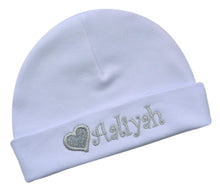 Load image into Gallery viewer, Personalized Embroidered Baby Girl Hat with Sparkling Glitter Heart
