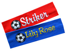 Load image into Gallery viewer, Personalized Monogrammed EMBROIDERED Soccer Ball Patch Cotton Stretch Headband - Quantity Discounts
