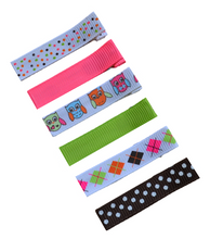 Load image into Gallery viewer, Owls &amp; Argyle No Slip Ribbon Lined Double Pronged Alligator Hair Clip Set
