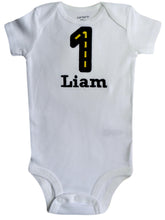 Load image into Gallery viewer, Embroidered First Birthday Year 1 Race Track Bodysuit for Baby Boys with Your Custom Name
