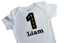 Load image into Gallery viewer, Embroidered First Birthday Year 1 Race Track Bodysuit for Baby Boys with Your Custom Name
