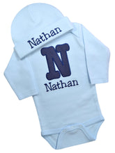 Load image into Gallery viewer, Personalized Embroidered Baby Boys Bubble Initial Bodysuit with Matching Cotton Beanie Hat - Your Custom Name
