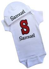 Load image into Gallery viewer, Personalized Embroidered Baby Boys Bubble Initial Bodysuit with Matching Cotton Beanie Hat - Your Custom Name
