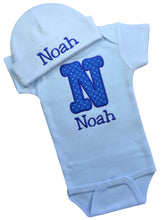 Load image into Gallery viewer, Personalized Embroidered Baby Boys Bubble Initial Bodysuit with Matching Cotton Beanie Hat - Your Custom Name

