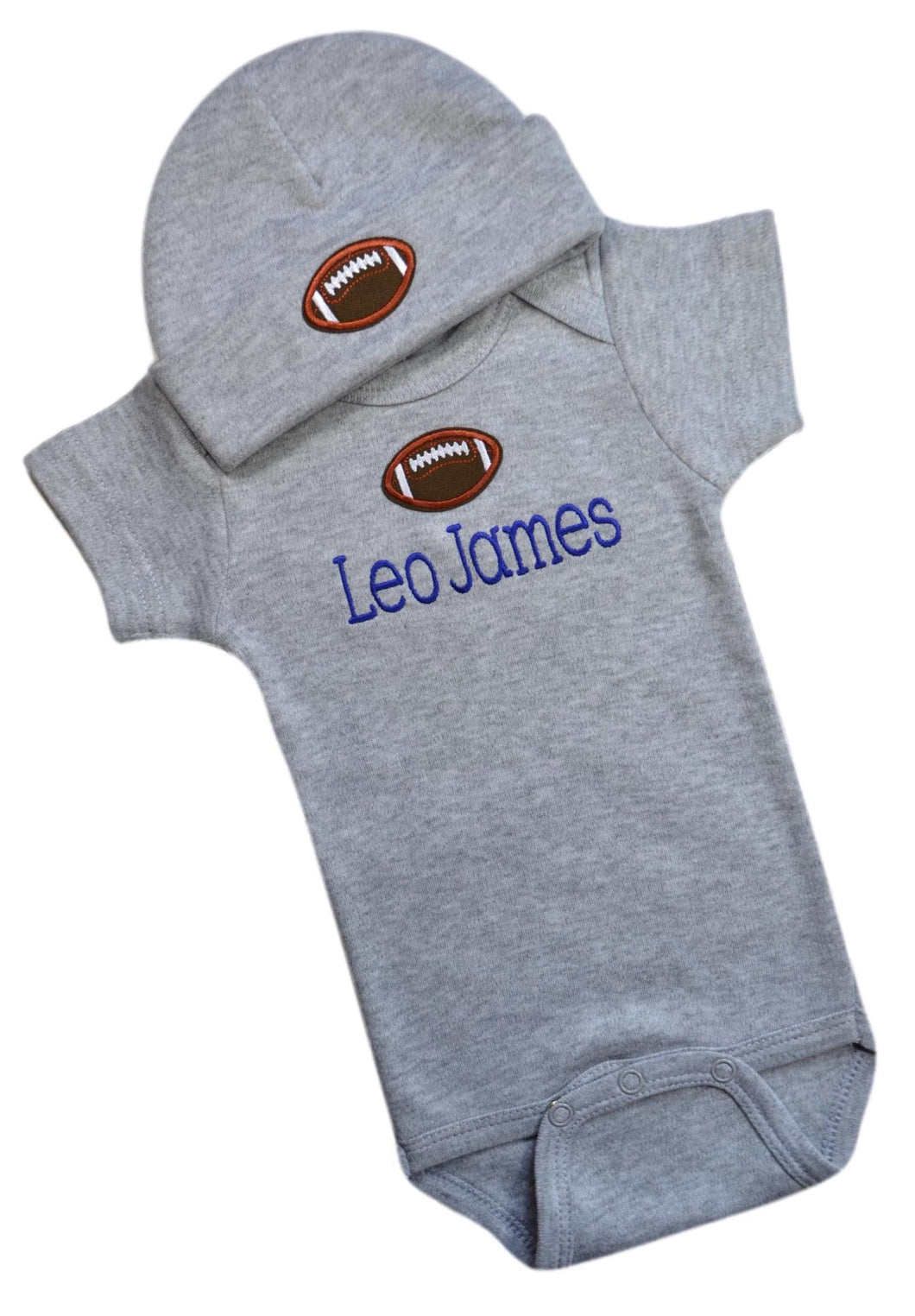 Personalized Embroidered Baby Boys Football Bodysuit with Matching Cotton Beanie Hat