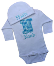 Load image into Gallery viewer, Personalized Embroidered Baby Boys Bubble Initial Bodysuit with Matching Cotton Beanie Hat - Your Custom Name
