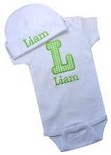 Load image into Gallery viewer, Personalized Embroidered Baby Boys Bubble Initial Bodysuit with Matching Cotton Beanie Hat - Your Custom Name
