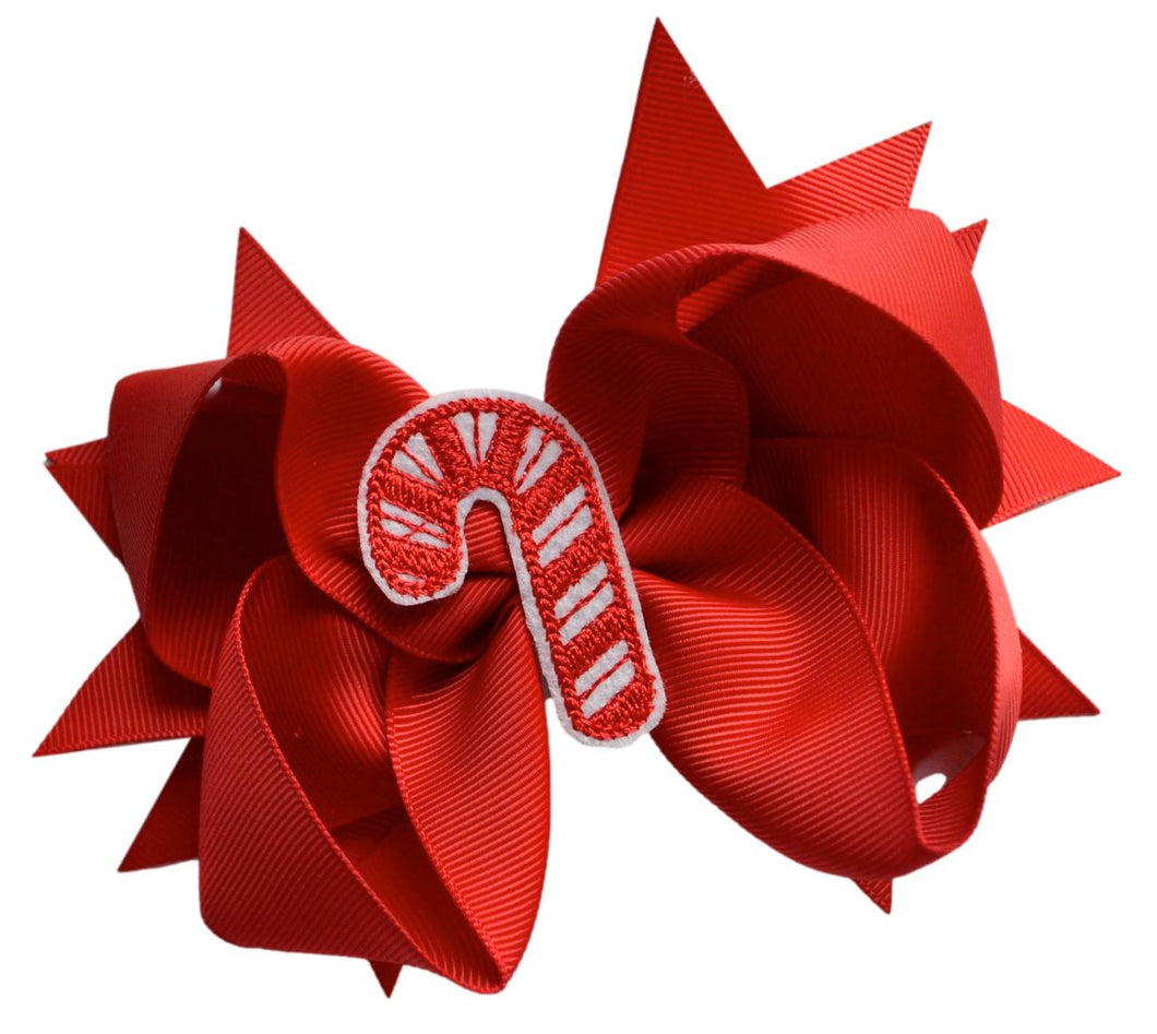 Embroidered Red Candy Cane Christmas Hair Bow