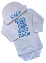 Load image into Gallery viewer, Personalized Embroidered Baby Boys Bubble Initial Bodysuit with Matching Cotton Beanie Hat - Your Custom Name

