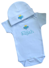 Load image into Gallery viewer, Personalized Embroidered Baby Boys Elephant Bodysuit with Matching Cotton Beanie Hat
