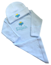 Load image into Gallery viewer, Personalized Embroidered Baby Boys Elephant Bodysuit with Matching Cotton Beanie Hat
