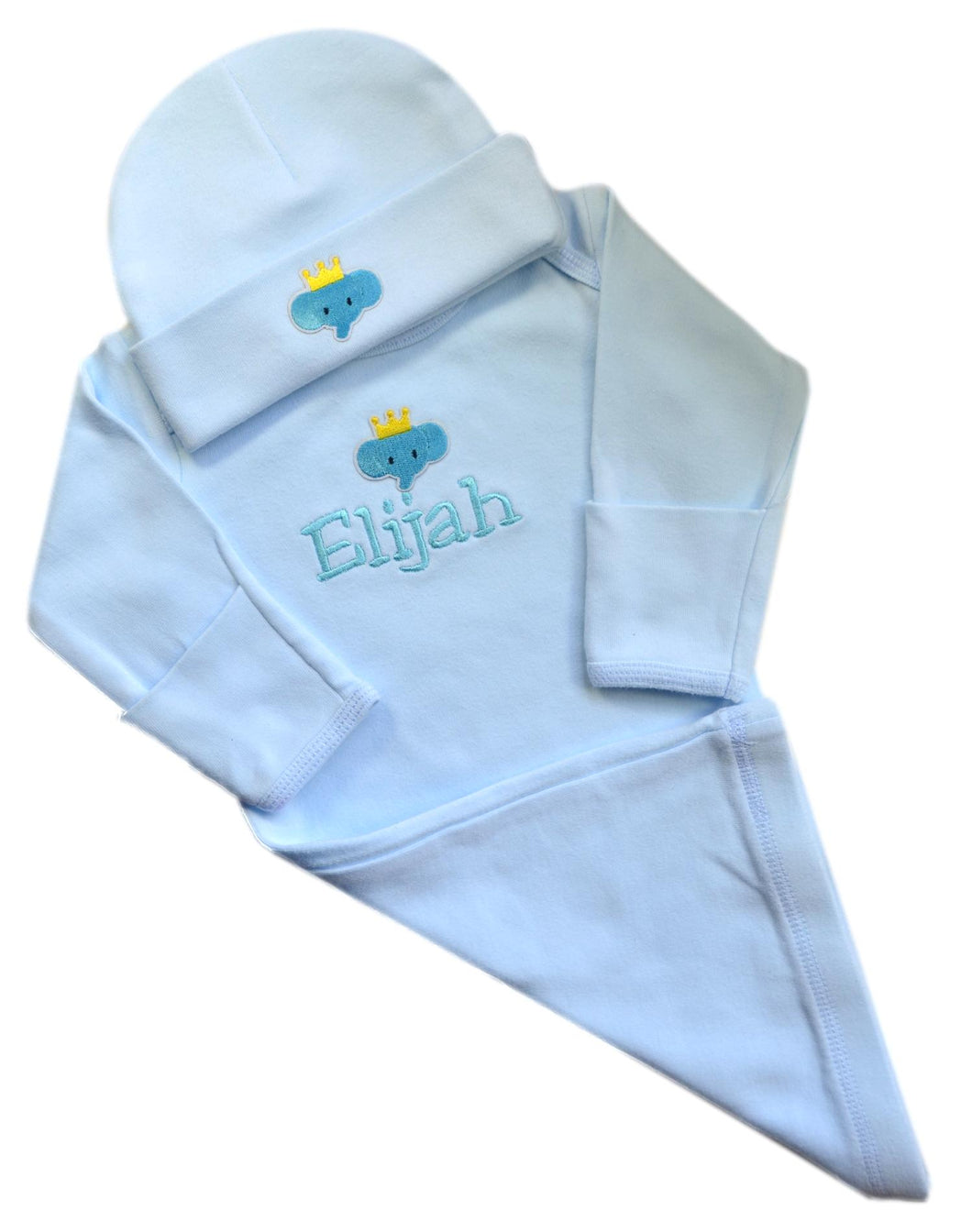 Personalized Embroidered Baby Boys Elephant Bodysuit with Matching Cotton Beanie Hat