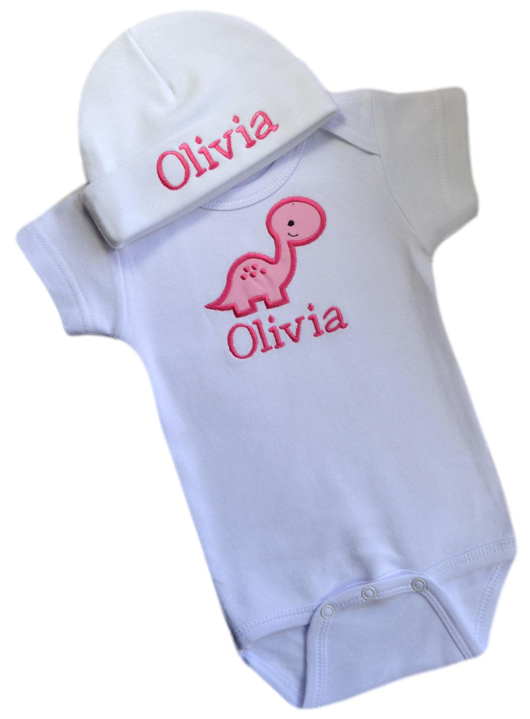 Personalized Embroidered Baby Girls PINK Dinosaur Bodysuit with Matching Cotton Beanie