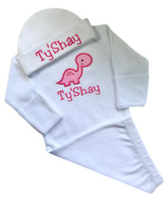 Load image into Gallery viewer, Personalized Embroidered Baby Girls PINK Dinosaur Bodysuit with Matching Cotton Beanie
