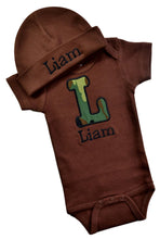 Load image into Gallery viewer, Personalized Embroidered Baby Boys Bubble Initial Bodysuit with Matching Cotton Beanie Hat - Your Custom Name
