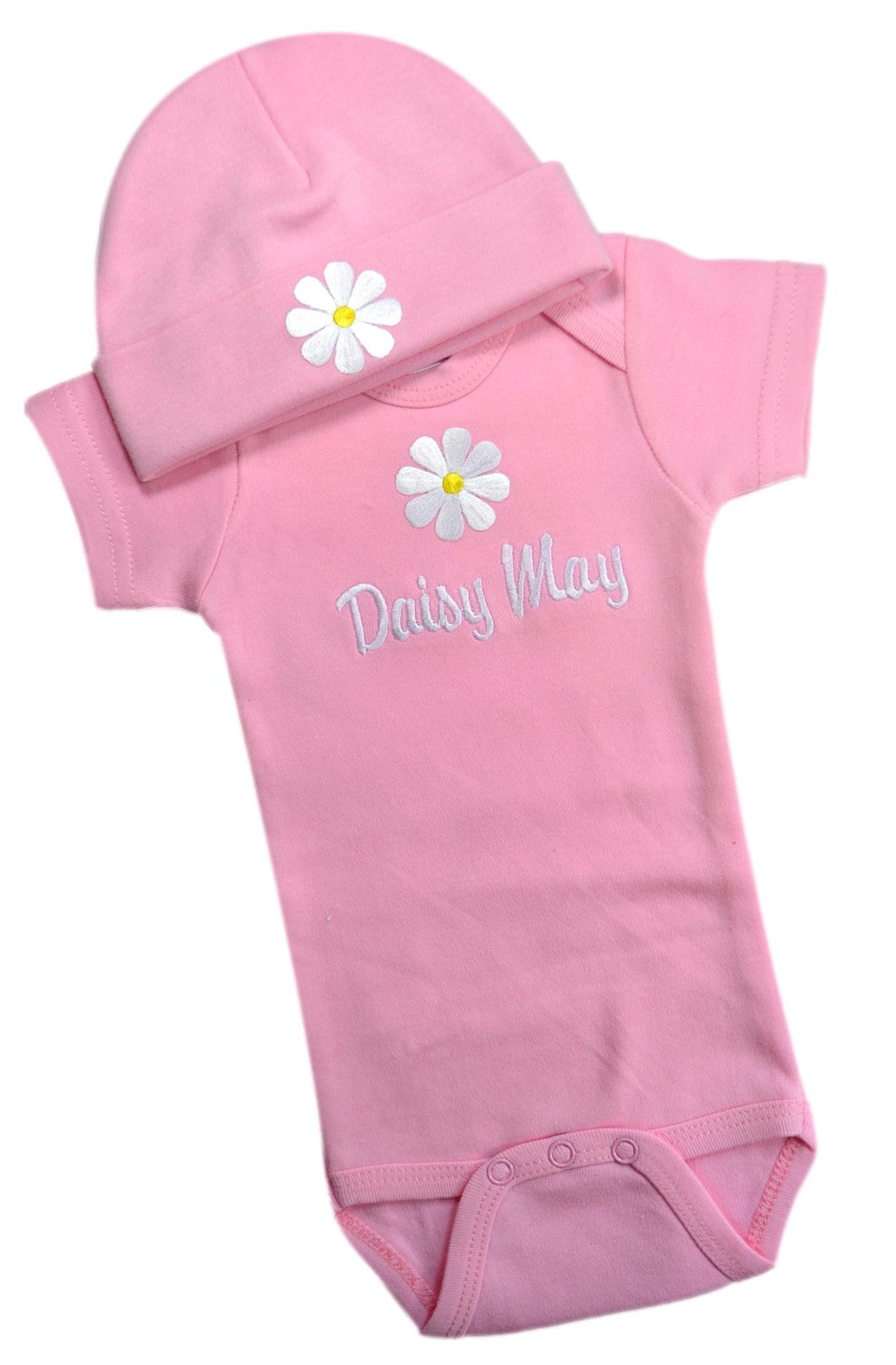 Personalized Embroidered Baby Girls Daisy Bodysuit with Matching Cotton Beanie