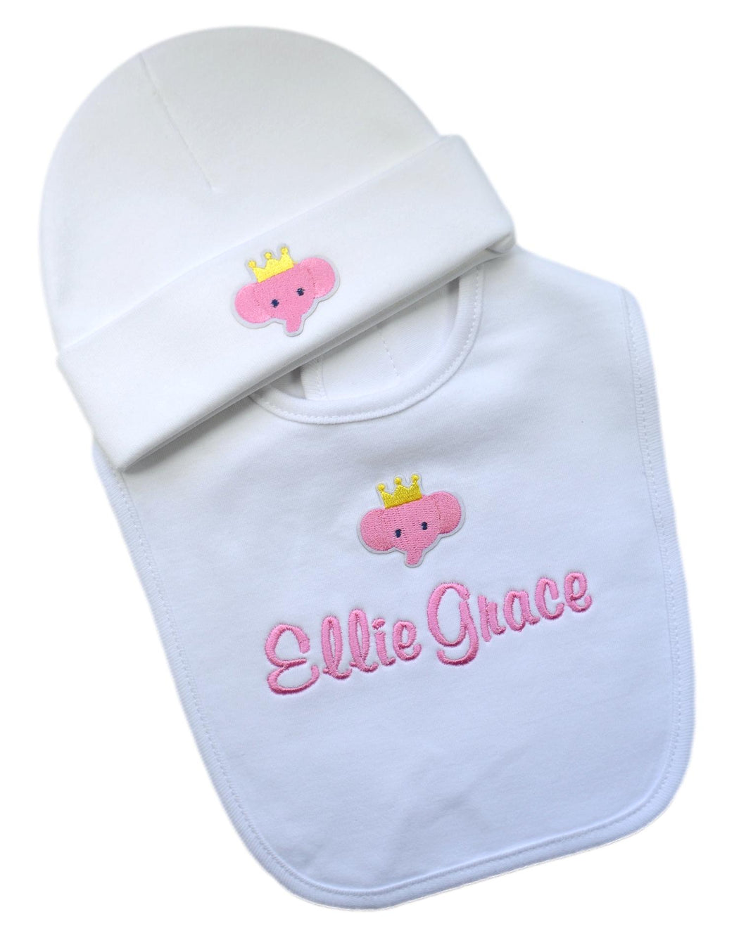 Personalized Baby Girl Pink Elephant Bib with Matching Hat and Your Embroidered Text