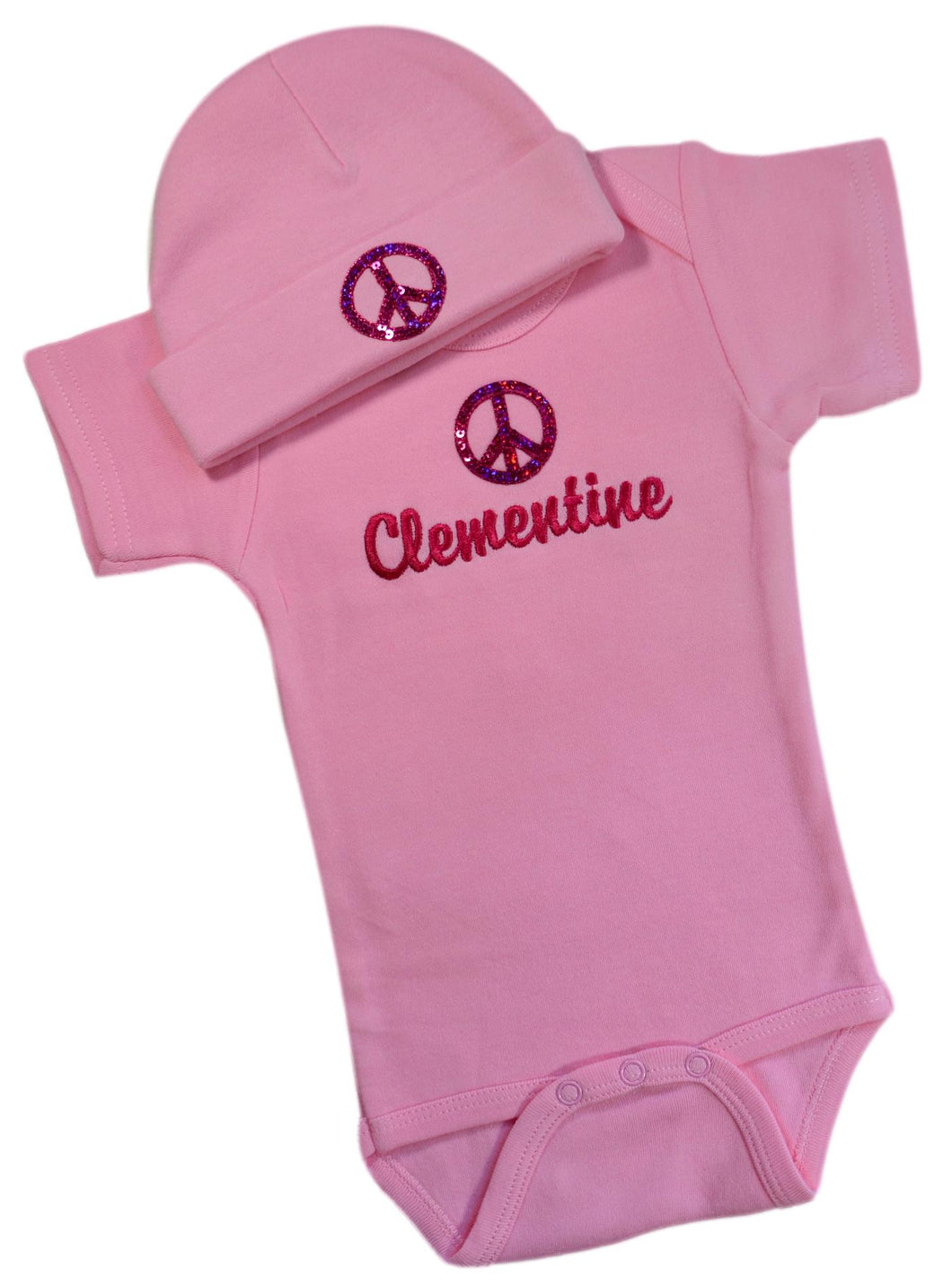 Personalized Embroidered Baby Girls PEACE SIGN Bodysuit with Matching Cotton Beanie Hat