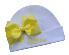 Load image into Gallery viewer, Embroidered Baby Girl Hat with Grosgrain Bow and Custom Name
