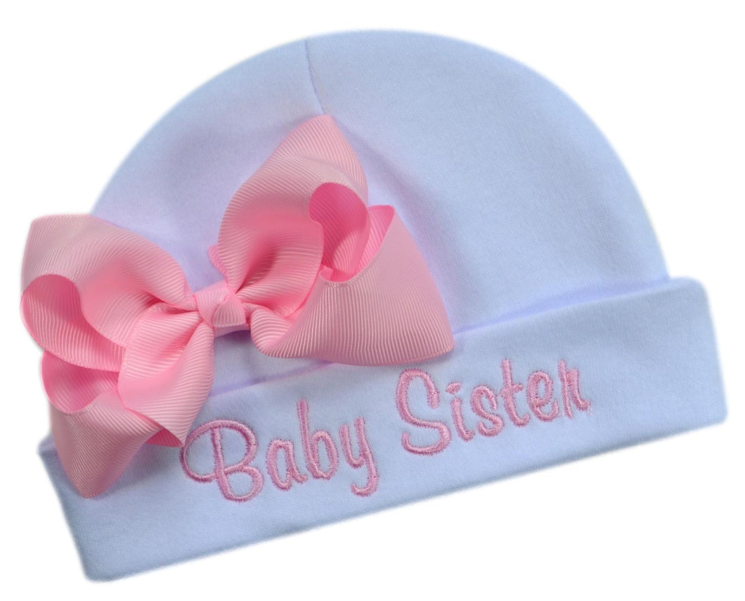 Baby Sister Embroidered Newborn Infant Hat with Pink Grosgrain Bow