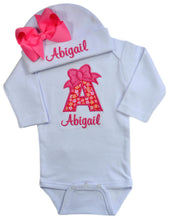 Load image into Gallery viewer, Baby Girl Embroidered Initial Onesie Bodysuit and Matching Grosgrain Bow Hat with Your Custom Name
