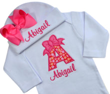 Load image into Gallery viewer, Baby Girl Embroidered Initial Onesie Bodysuit and Matching Grosgrain Bow Hat with Your Custom Name
