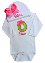 Load image into Gallery viewer, Baby Girl Embroidered Initial Onesie Bodysuit and Matching Grosgrain Bow Hat with Your Custom Name
