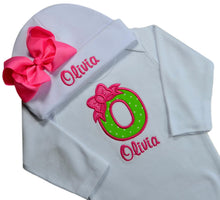 Load image into Gallery viewer, Baby Girl Embroidered Initial Onesie Bodysuit and Matching Grosgrain Bow Hat with Your Custom Name
