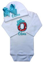 Load image into Gallery viewer, Baby Girl Embroidered Initial Onesie Bodysuit and Matching Grosgrain Bow Hat with Your Custom Name
