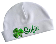 Load image into Gallery viewer, Baby Girl St. Patrick&#39;s Day Sparkling Sequin Shamrock Personalized Embroidered Hat
