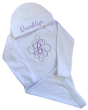 Load image into Gallery viewer, Personalized Initial Script Baby Girl Layette Gown with Matching Cotton Beanie Set
