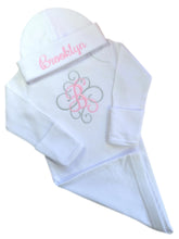 Load image into Gallery viewer, Personalized Initial Script Baby Girl Layette Gown with Matching Cotton Beanie Set

