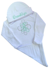 Load image into Gallery viewer, Personalized Initial Script Baby Girl Layette Gown with Matching Cotton Beanie Set
