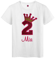 Load image into Gallery viewer, 2nd Birthday Embroidered Glitter Crown Girls T- Shirt with Custom Name
